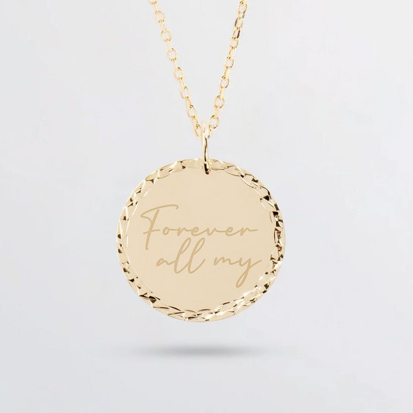 Custom Engraved Diamond Cut Disc, 14K 18K Gold Custom Handwriting Necklace, Personalized Disc Pendant, Initial Medallion, Name Disk Necklace