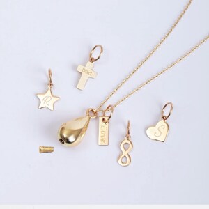 Könnte beinhalten: Eine goldfarbene Halskette mit einem tropfenförmigen Anhänger und verschiedenen Charms. Zu den Charms gehören ein Stern mit dem Buchstaben "R", ein Kreuz mit "Dad", ein Unendlichkeitssymbol, ein Herz mit "S" und ein rechteckiger Charm mit "Love". Weitere Charms sind unten abgebildet.
