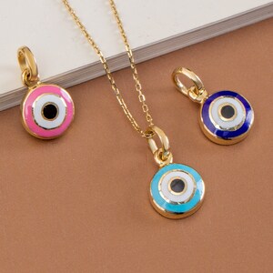 Enamel Round Evil Eye Necklace, Colourful Evil Eye Pendant, Bad Eye Protection Amulet, 14K Real Gold Nazar Pendant, Turkish Evil Eye Pendant