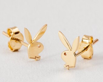 Boucles d'oreilles lapin minimalistes en or véritable en 14K 18K, clous de lapin en or, bijoux animaux faits à la main, boucles d'oreilles à tige inspirées de lapin, clous de style lapin