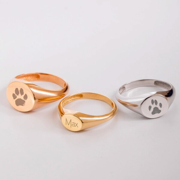 Paw Print Ring in 14K 18K Solid Gold, Personalized Custom Engrave Paw Print Ring, Animal Lovers, Unique Signet Puppy Love Ring, Paw Jewelry