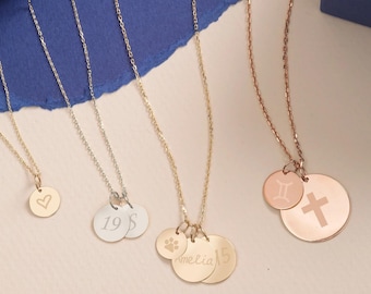 14K Gold Initial Disc Necklace, Personalized Engraved Pendant