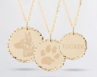 Actual Dog Cat Paw Print Pendant, 14K 18K Solid Gold Custom Pet Name Disc Necklace, Personalized Nose Print Pendant, 2 Sides Engravable Disc