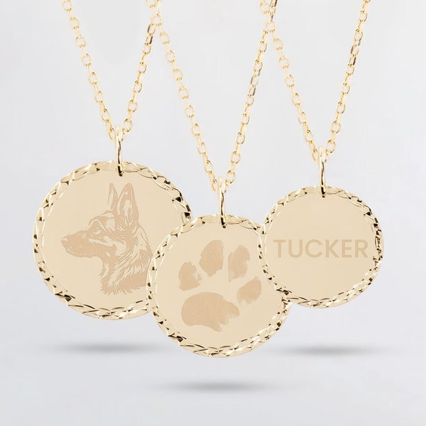 Actual Dog Cat Paw Print Pendant, 14K 18K Solid Gold Custom Pet Name Disc Necklace, Personalized Nose Print Pendant, 2 Sides Engravable Disc