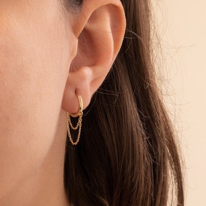 Cable Chain Hoop Earrings, Stacking Earrings for Daily Wear, 14K 18K Solid Gold 9.0 mm Huggies, Daughter Gift, Unisex Earrings, Dangle Chain