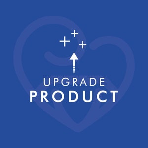 May include: White graphic on a blue background with an upward arrow and three plus signs. The text reads "Upgrade Product".