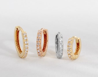 Tiny Hoop Earrings in 14K 18K Real Gold, Minimalist Pave CZ Hoop Earrings, Sleeper Huggie Hoops, Simple Round Earrings, Gift for Him for Her