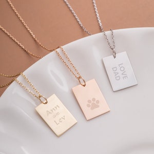 Colar retangular personalizado com etiqueta de ouro verdadeiro 14K 18K, pingente inicial personalizado em ouro rosa ou branco, etiqueta de identificação gravada é um presente perfeito para ela