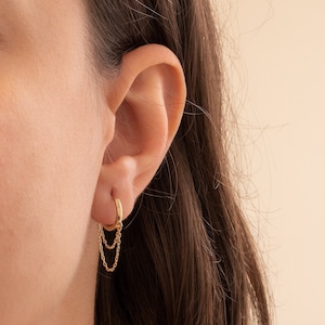 Double Small Chain Hoop Earring in 14k 18k Solid Gold Rose White Minimalist Huggie Hoop Earring Simple Everyday Earring Lobe Helix for Her