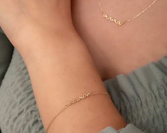 14K 18K Real Gold Dainty Script Mama Bracelet, Delicate Plain Mama Bracelet Gift for Mother&#39;s Day, Real Solid Gold Bracelet for New Mom Gift