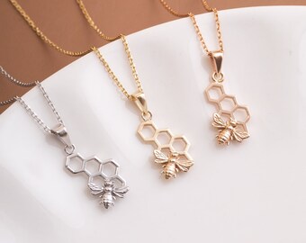 14K Gold Honeycomb Necklace, Bee Charm, Hexagon Jewelry