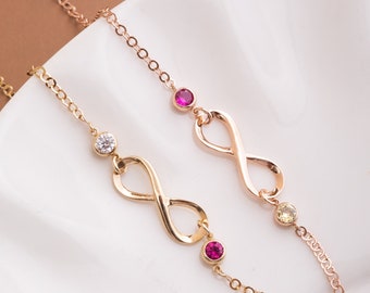 14K Real Gold Infinity and Birthstone Bracelet, Friendship Bracelet with Custom CZ Stones, Personalized Birthstone Bracelet for Mothers Gift