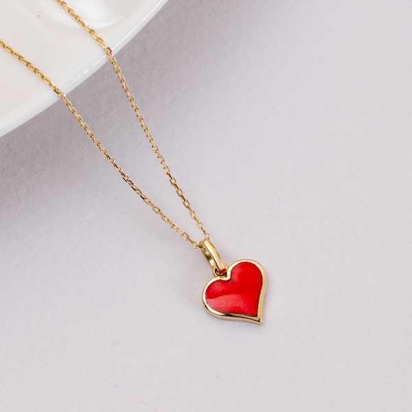 14K Real Gold Red Heart Enamel Pendant, Dainty Minimalist Heart Necklace For Women, Solid Gold Red Enamel Pendant is a Perfect Gift for Her