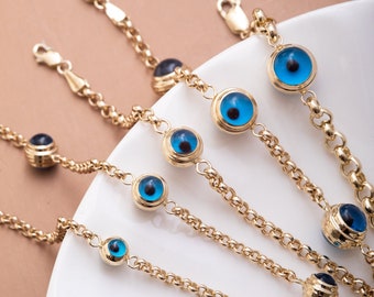 14K Real Gold Dainty Evil Eye Bracelet, Gold Rolo Chain Bracelet with 1 2 3 4 5 Blue Evil Eye Charm, Great Protective Gift For Everyday Use