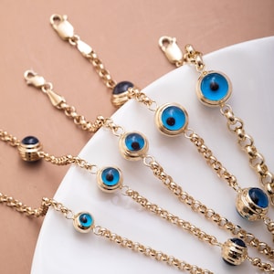 14K Real Gold Dainty Evil Eye Bracelet, Gold Rolo Chain Bracelet with 1 2 3 4 5 Blue Evil Eye Charm, Great Protective Gift For Everyday Use
