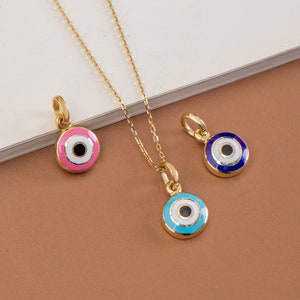 Enamel Round Evil Eye Necklace, Colourful Evil Eye Pendant, Bad Eye Protection Amulet, 14K Real Gold Nazar Pendant, Turkish Evil Eye Pendant