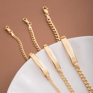 Pulsera personalizada con nombre de bebé en oro de 14 quilates, cadena de eslabones huecos cubanos personalizada, pulsera con placa de identificación para bebé, regalo para niños de 3, 4 y 5 años