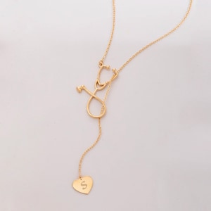 Dainty Stethoscope Necklace in 14K 18K Solid Gold, Lariat Style Stethoscope Heart, RN Doctor MD-Graduation Gift, Nurse Necklace, Doctor Gift