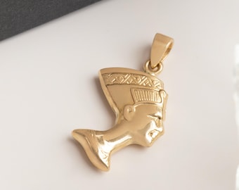 14K Gold Nefertiti Pendant Necklace, Egyptian Queen Charm
