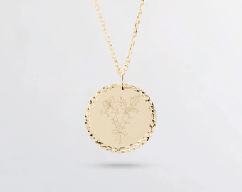 Combined Birth Flower Bouquet Necklace in 14K 18K Real Gold, 2 Side Engraved Birth Flower Family Disc Personalized Necklace Gift for Women