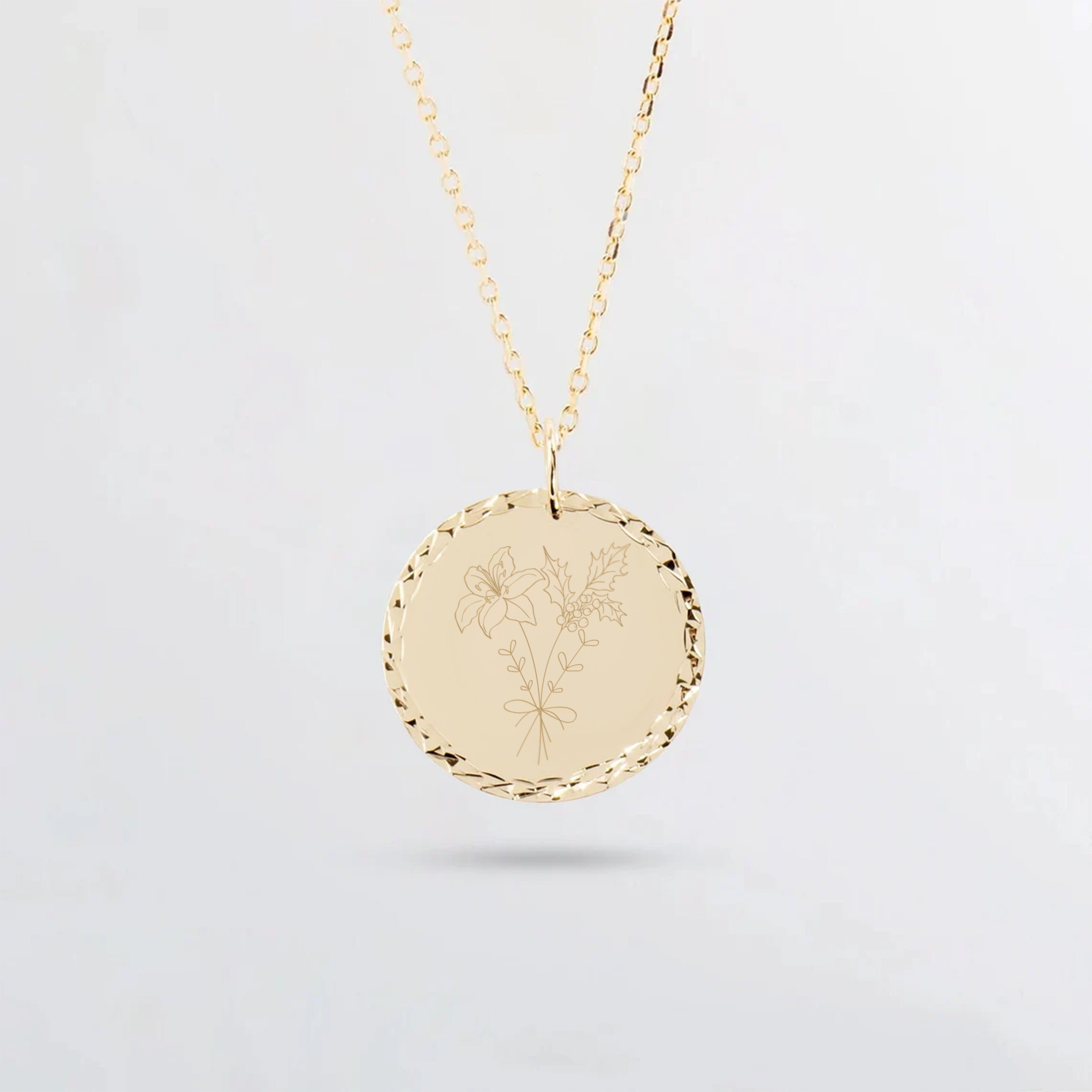 Combined Birth Flower Bouquet Necklace in 14K 18K Real Gold, 2 Side Engraved Birth Flower Family Disc Personalized Necklace Gift for Women