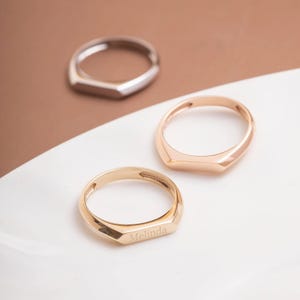 14K 18K Real Gold Engraved Signet Ring, Rectangle Bar Personalized Gifts Jewelry Initial Minimal Ring, Custom Monogram Ring For Anniversary