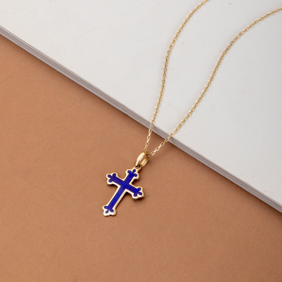 14K Real Gold Enamel Dark Blue Cross Pendant, Elegant Cross