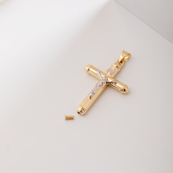14K Solid Gold Jesus Cross Urn Pendant, Memorial Jewelry