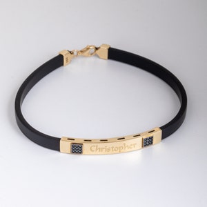 14K Solid Gold Custom Engrave Bar Bracelet for Men, Rubber Bangle Bracelet for Father, Square Black CZ Gold Bracelet, Boyfriend Gift or Dad