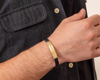 14K Solid Gold gepersonaliseerde bar armband, aangepaste graveren rubberen armband voor mannen, gepersonaliseerde mannen geel gouden armband, vriendje cadeau of papa