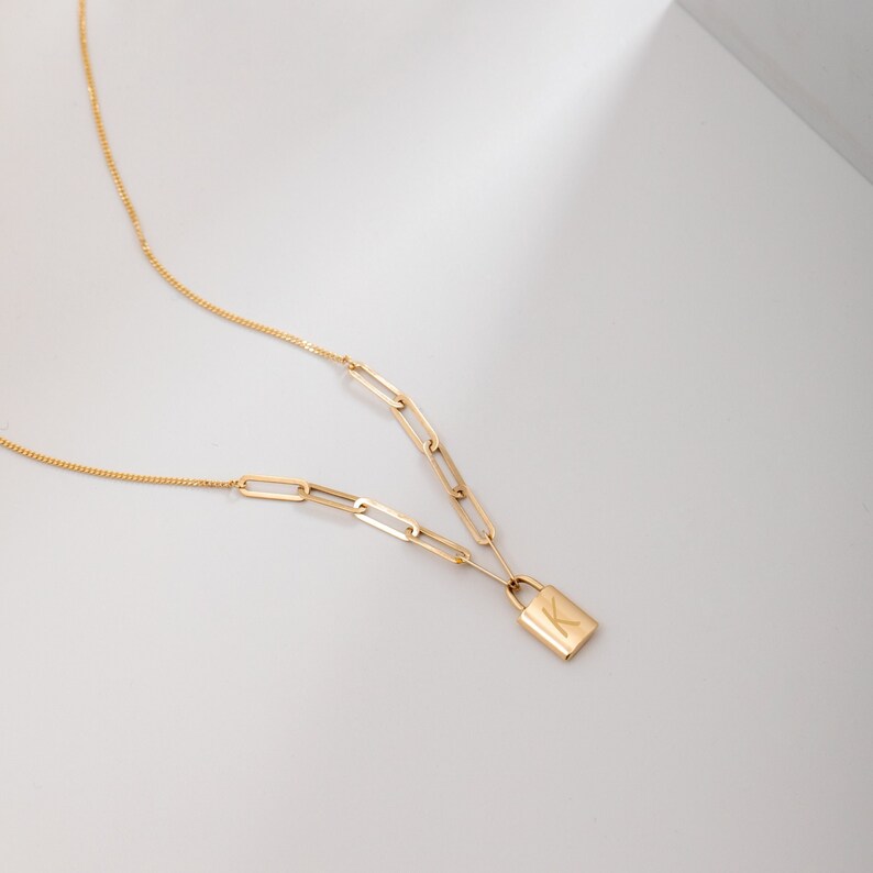 14K Real Gold Initial Padlock Necklace in Paper Clip Chain Etsy