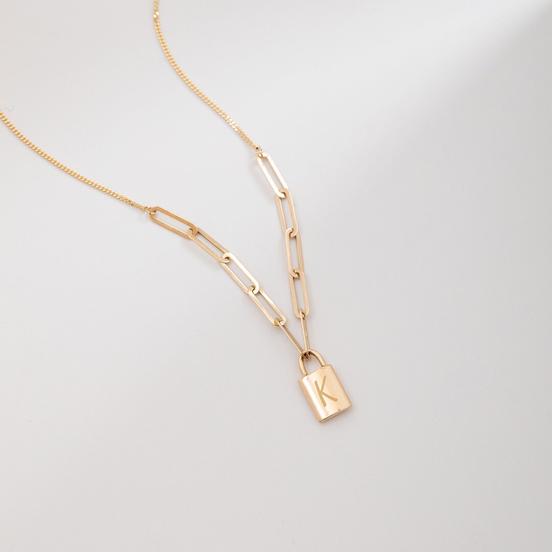 14K Real Gold Initial Padlock Necklace in Paper Clip Chain