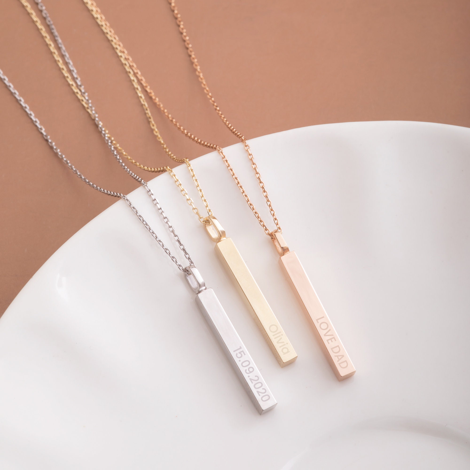 14K 18K Real Gold Cremation Urn Bar Vertical Necklace, 4 Side Engraved Cremation Memorial Keepsake Urn Pendant, Custom Name Handmade Pendant