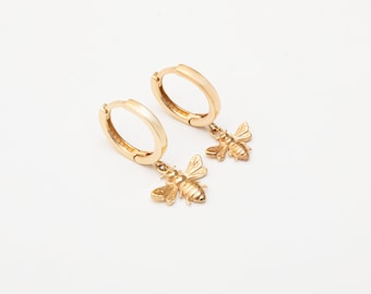 Solid Gold Bumble Bee Hoop Earrings, Dainty Bee Huggies