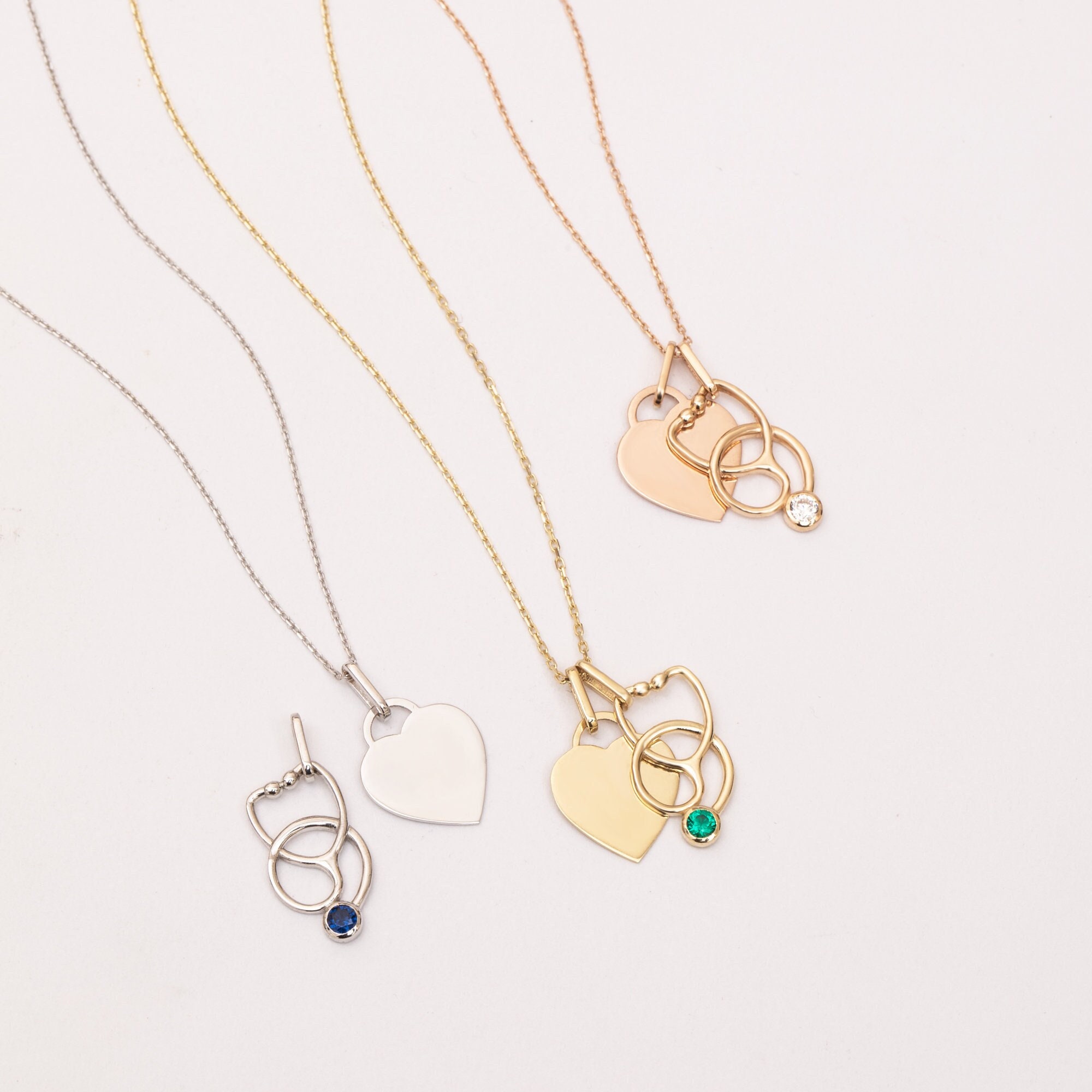 Personalized Stethoscope Necklace, 14K 18K SOLID Gold Stethoscope Pendant with Custom Engraved Heart, Custom Birthstone Stethoscope Necklace