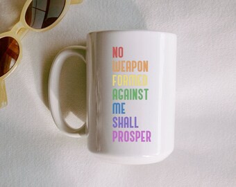 Ningún arma formada contra mí prosperará - Taza alta de 15 oz - Regalo de humor cristiano arco iris - Isaías 54:17 - Iglesia de la escuela dominical del pastor juvenil