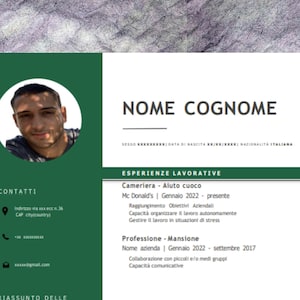 Modello di Curriculum Vitae, ITALIANO, Word e convertibile, template Moderno, professionale, completo,  1 o 2 pagine