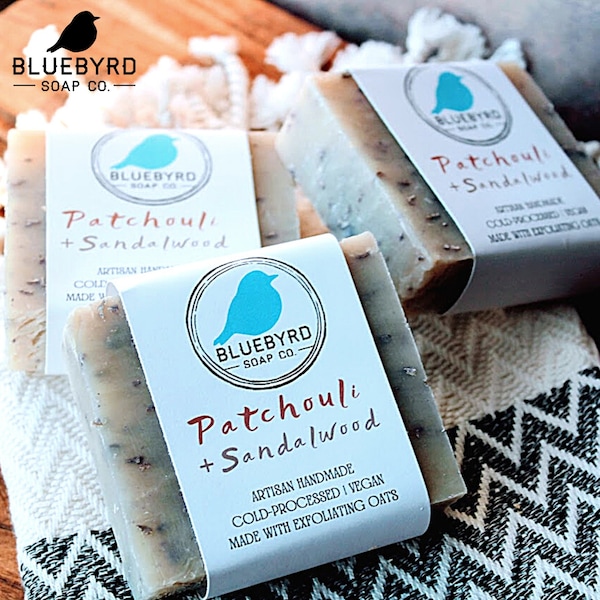 PATCHOULI + SANDALWOOD Exfoliating Scented Oatmeal Soap Bar : Handcrafted Natural Scrub Soap Bar Made with Real Oatmeal and Essential Oils