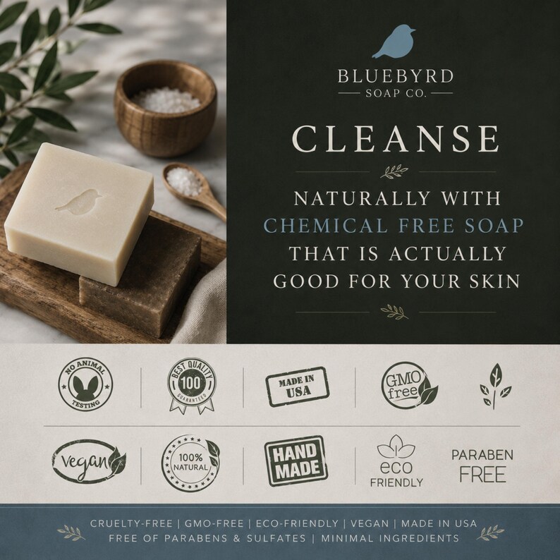 May include: Two square bars of soap, one light beige and one dark brown, are displayed with a wooden bowl of salt. The text reads: BLUEBYRD SOAP CO. CLEANSE NATURALLY WITH CHEMICAL FREE SOAP THAT IS ACTUALLY GOOD FOR YOUR SKIN, plus various icons.