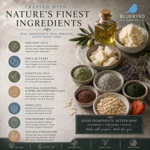 May include: A promotional graphic for Bluebyrd Soap Co. featuring text about natural ingredients alongside bowls of shea butter, essential oils, spirulina, strawberry seeds, and oatmeal. The layout includes icons and descriptive text about soap components.