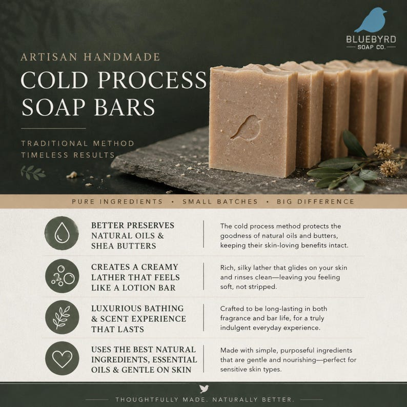 May include: A row of light brown, rectangular artisan handmade cold process soap bars with a small bird logo embossed on the front. The image includes text detailing the benefits of the soap, such as natural oils, creamy lather, and ingredients.
