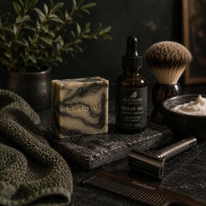 May include: A bar of marbled black and beige soap with the word bluebyrd embossed, a brown glass bottle of beard oil labeled Bluebyrd Soap Co. 1 fl oz 30 ml, a shaving brush, a metal safety razor, a wooden comb, and a dark green textured towel.