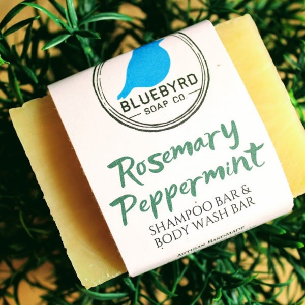 ROSEMARY PEPPERMINT SOAP | Zero Waste Solid Shampoo + Body Wash Bar | Shampoo Travel Gift | All Natural Cleansing Shampoo Bars | Castor Oil