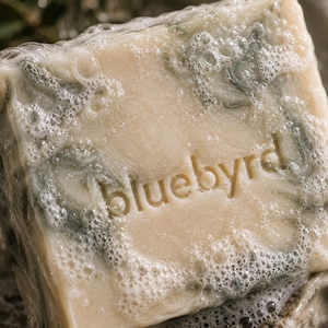 May include: A square bar of beige soap with a marbled grey pattern and the word bluebyrd embossed in the center. The surface of the soap is covered in a layer of white bubbly lather, highlighting the texture and the stamped lettering on the bar.