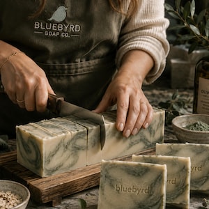 May include: A large rectangular block of marbled green and cream-colored soap being sliced with a metal knife. Several individual soap bars are arranged nearby, each featuring the embossed text bluebyrd on the front surface of the soap.