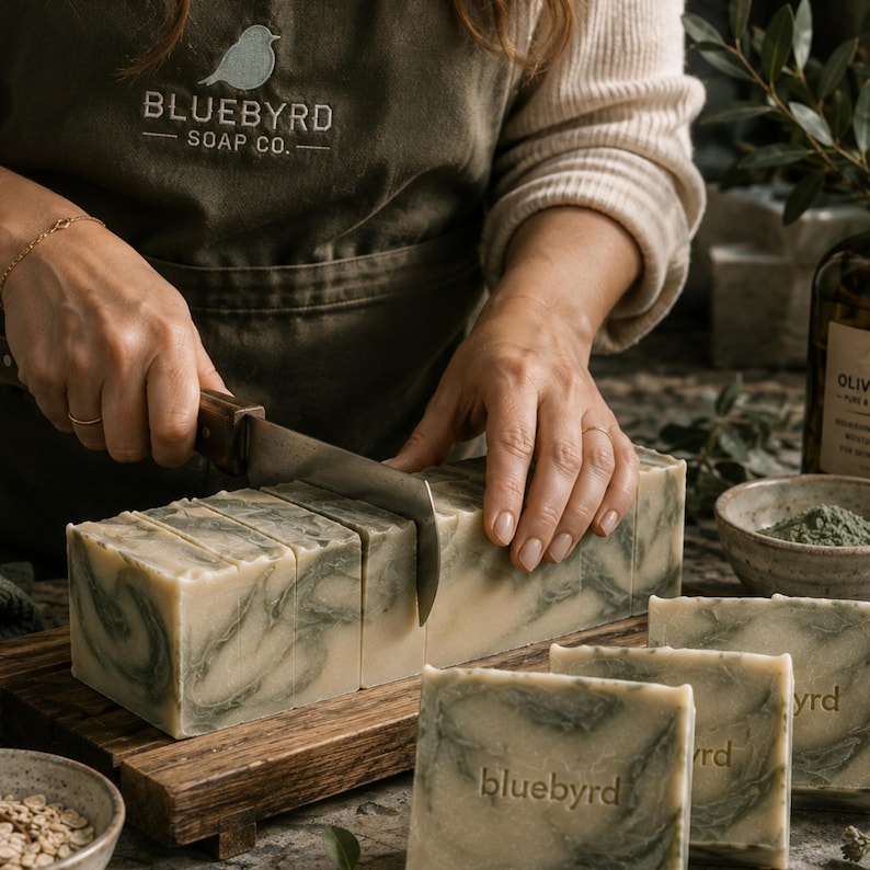 May include: A large rectangular block of marbled green and cream-colored soap being sliced with a metal knife. Several individual soap bars are arranged nearby, each featuring the embossed text bluebyrd on the front surface of the soap.