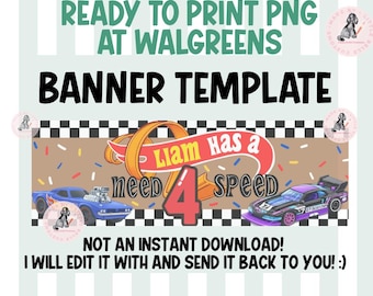 Banner de Walgreens para cumpleaños de autos de carrera, 4.º cumpleaños, imprimible, nombre personalizado, LISTO PARA IMPRIMIR, 2x6, archivo PNG, plantilla de banner, descarga digital