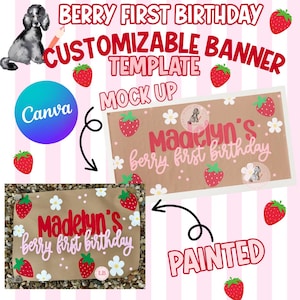 Berry First Birthday Painted Banner Template | Editable Canva Design | Strawberry 1st Birthday Party Decoration Digital Download