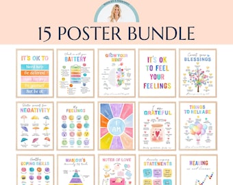May include: A set of 15 colorful printable posters with positive affirmations and mental health tips. The posters feature illustrations of hearts, flowers, balloons, and other cheerful imagery. The posters are designed to help people manage their emotions, cope with stress, and cultivate a positive mindset.