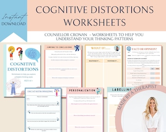 Cognitive distortions worksheets, challenge unhelpful thinking styles, therapy worksheets, psychology, coping skills, bpd, DBT, CBT, anxiety